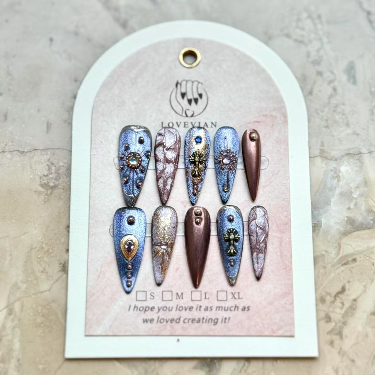 Gothic Royale – Luxury Stiletto Press‑On Nails with Gemstones, Cross Charms & Metallic Shine