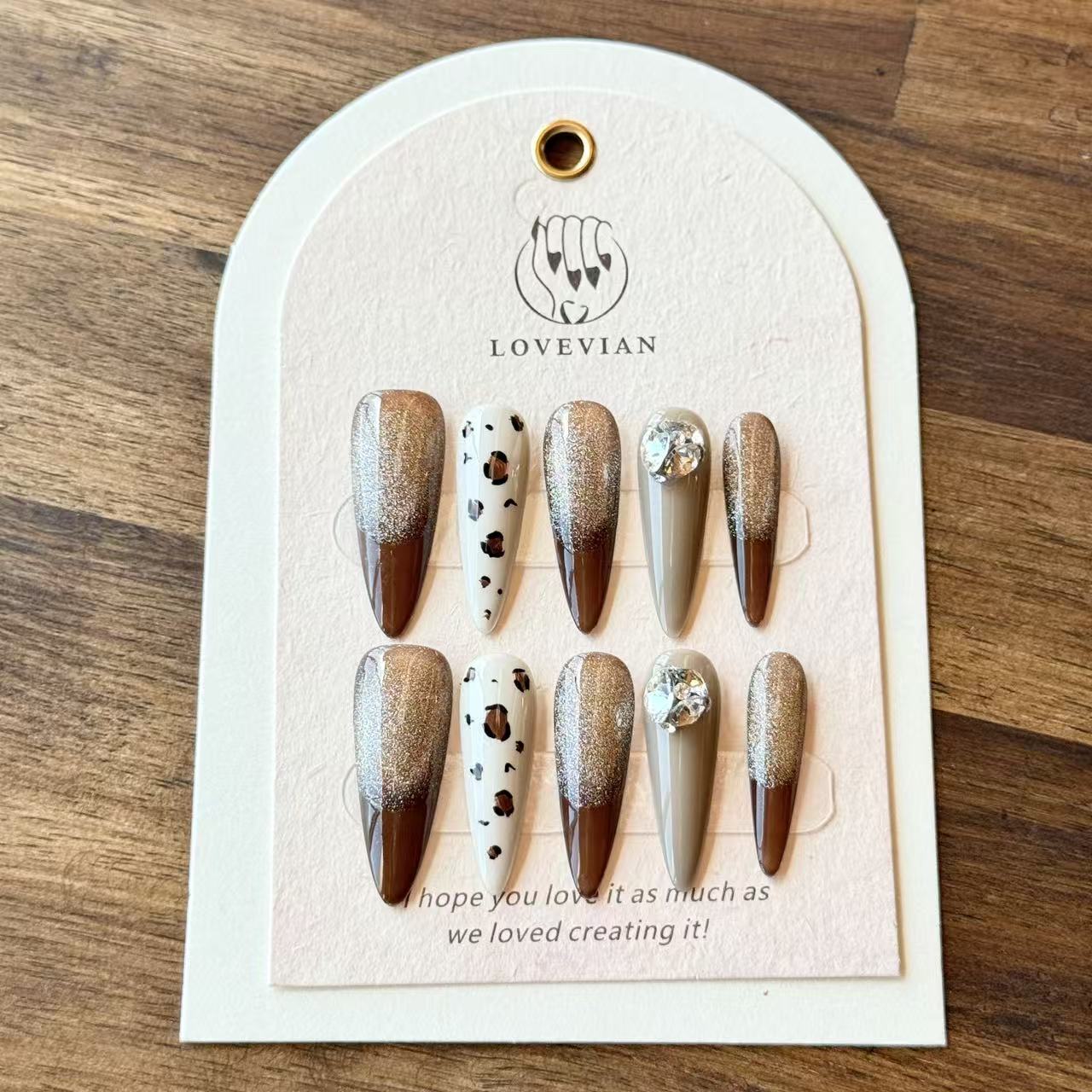 Wild Luxe – Stiletto Press-On Nails with Leopard Print, Glitter Ombre & Crystal Accents