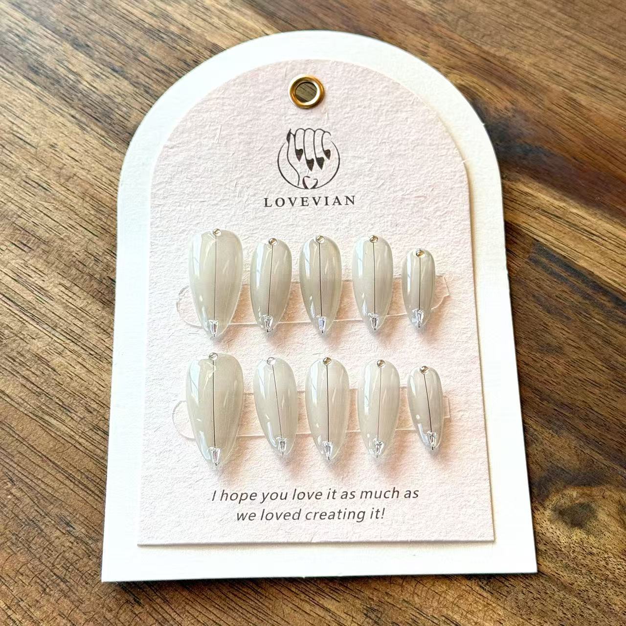 Gris Élégant – Nude Grey Luxury Press-On Nails with Minimalist Crystal Accent – Almond Shape