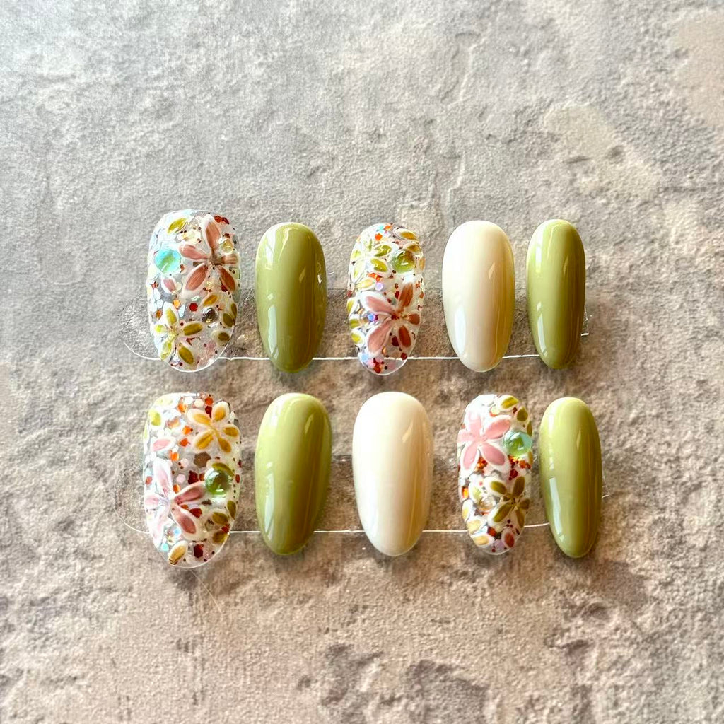 Jardin en Fleurs – Green & Ivory Press-On Nails with Handcrafted 3D Floral Garden