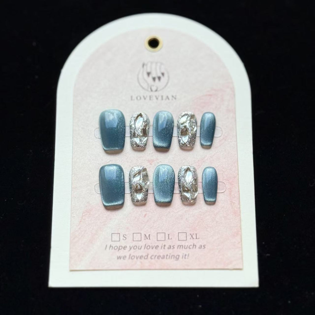 Midnight Galaxy – Luxury Metallic Silver Sculpted Press-On Nails (Deep Teal Sparkle)