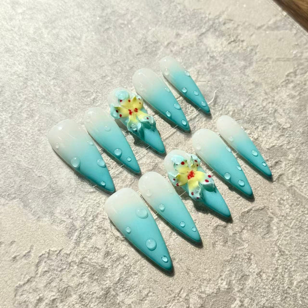 Ocean Bloom – Stiletto Press-On Nails with Blue Ombre, 3D Flowers & Water Drop Accents