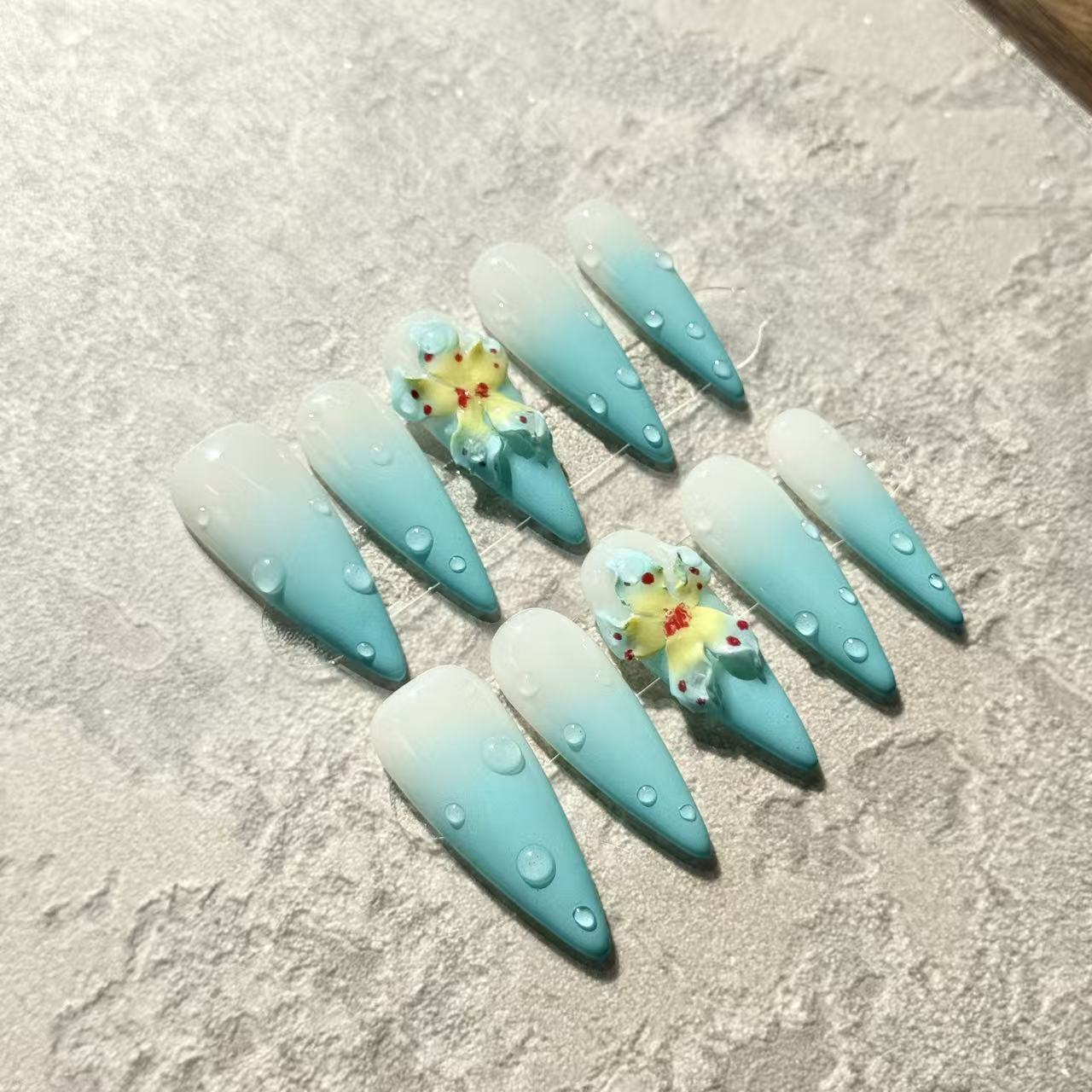 Ocean Bloom – Stiletto Press-On Nails with Blue Ombre, 3D Flowers & Water Drop Accents
