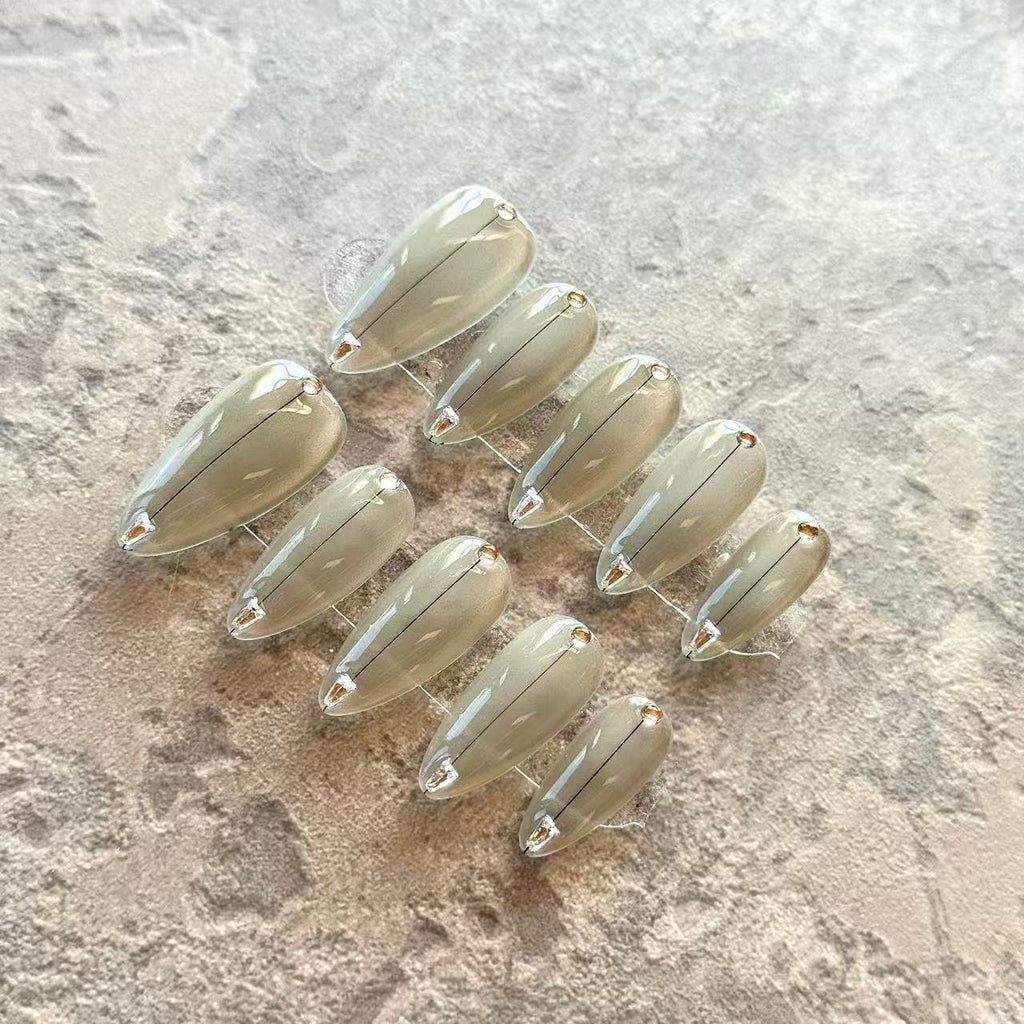 Gris Élégant – Nude Grey Luxury Press-On Nails with Minimalist Crystal Accent – Almond Shape