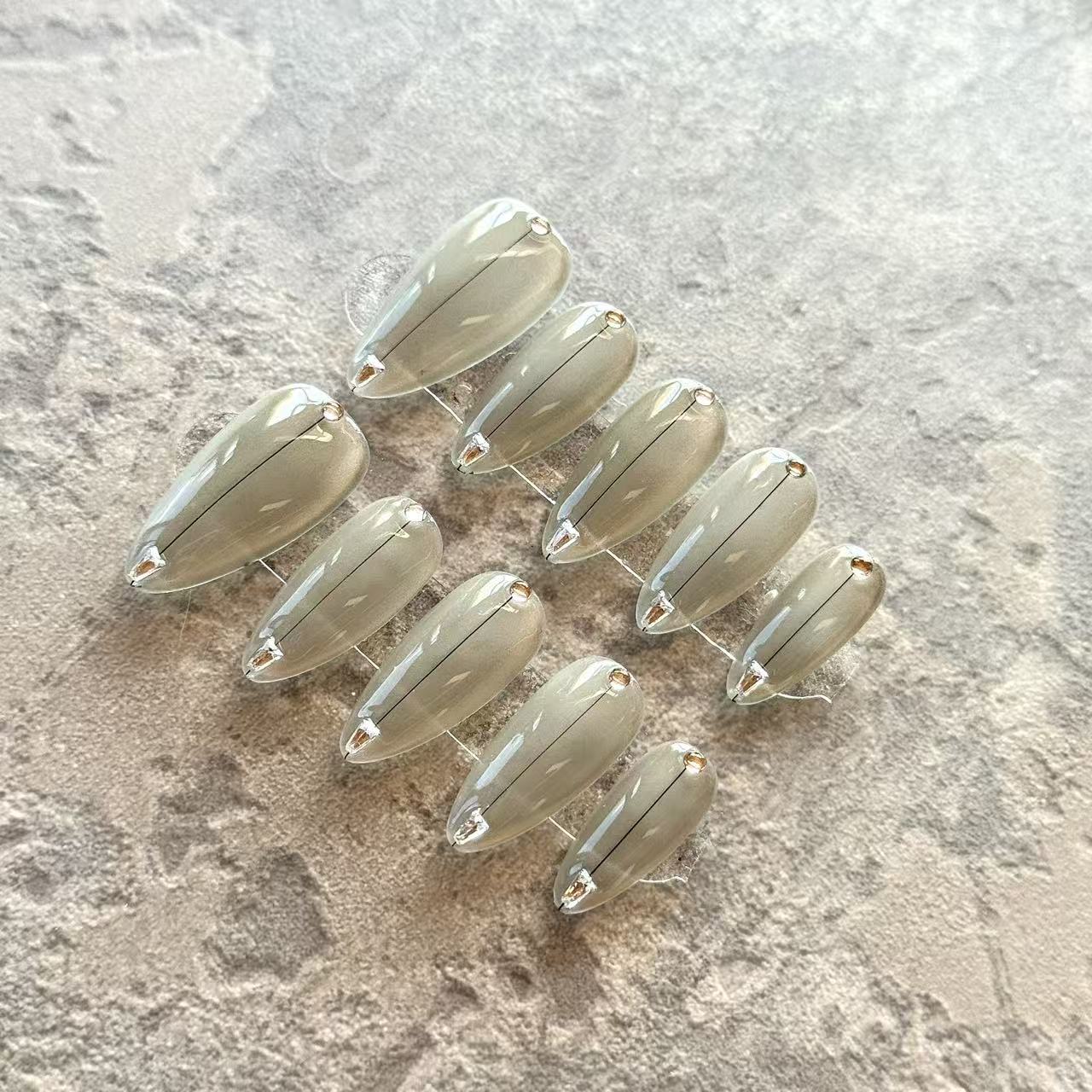 Gris Élégant – Nude Grey Luxury Press-On Nails with Minimalist Crystal Accent – Almond Shape