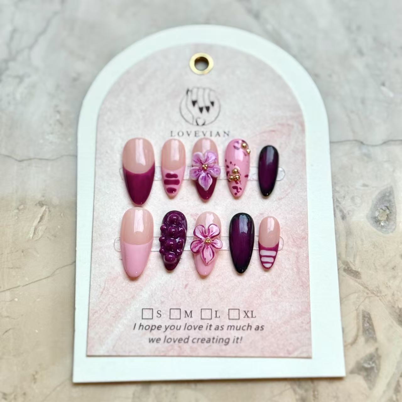 Violet Bloom – 3D Purple Press-On Nails with Floral & Metallic Accents