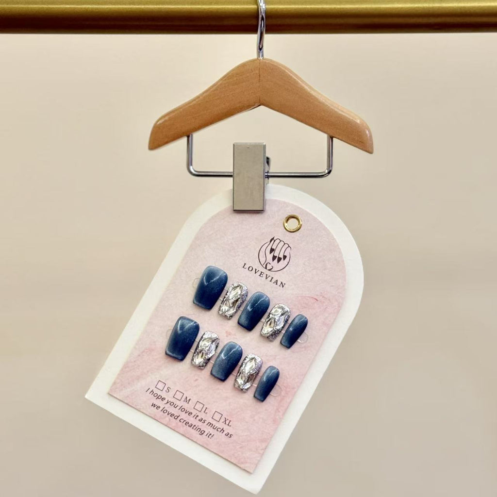 Midnight Galaxy – Luxury Metallic Silver Sculpted Press-On Nails (Deep Teal Sparkle)