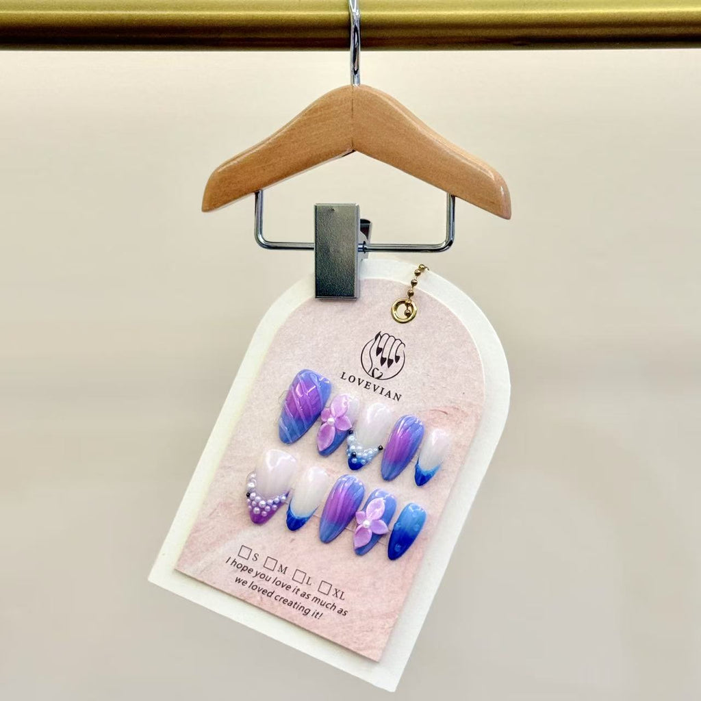 Mermaid Pearl – Luxury Blue & Purple Ombre Press-On Nails with 3D Flowers and Pearls