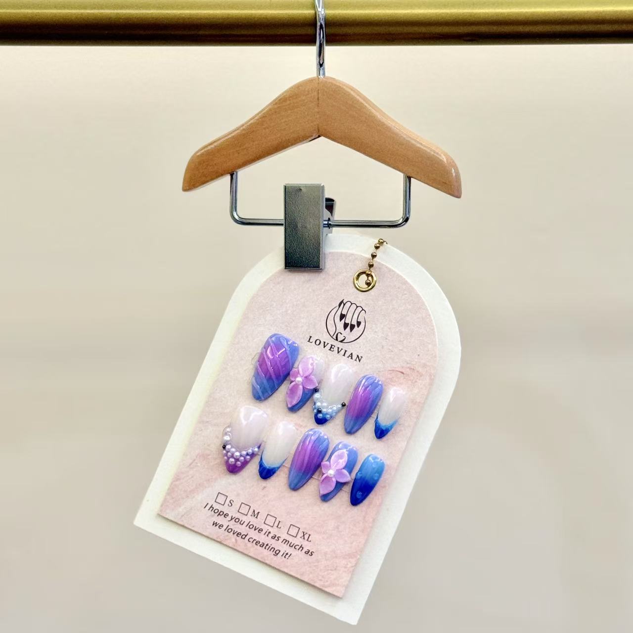 Mermaid Pearl – Luxury Blue & Purple Ombre Press-On Nails with 3D Flowers and Pearls