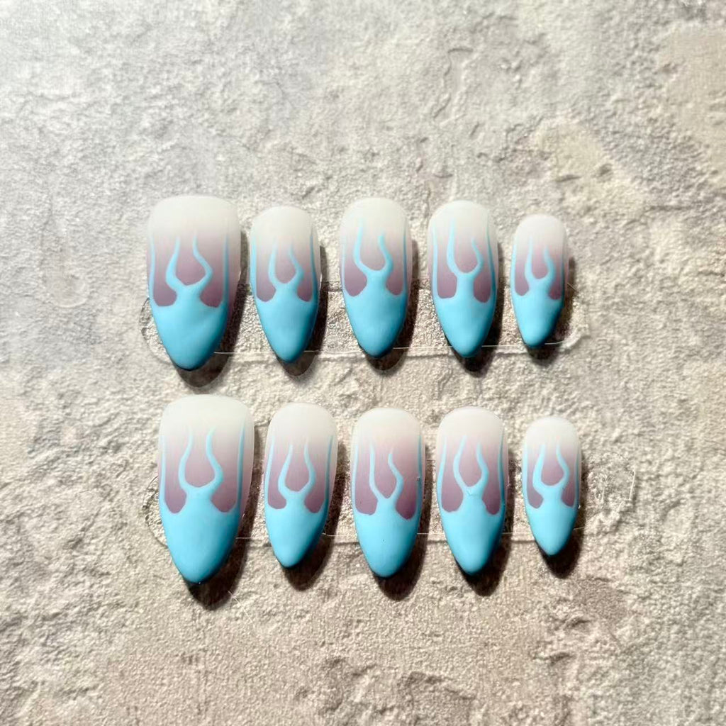 Blue Flame Vibes – Almond Press-On Nails with Matte Fire Design in Sky Blue & Pink