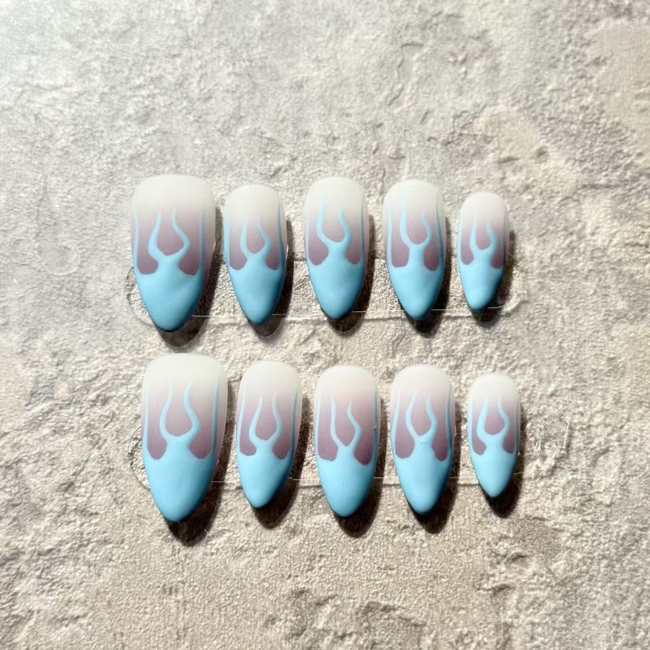 Blue Flame Vibes – Almond Press-On Nails with Matte Fire Design in Sky Blue & Pink