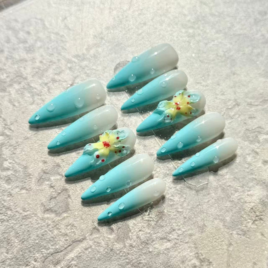 Ocean Bloom – Stiletto Press-On Nails with Blue Ombre, 3D Flowers & Water Drop Accents