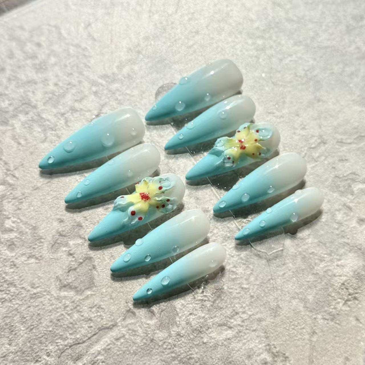 Ocean Bloom – Stiletto Press-On Nails with Blue Ombre, 3D Flowers & Water Drop Accents