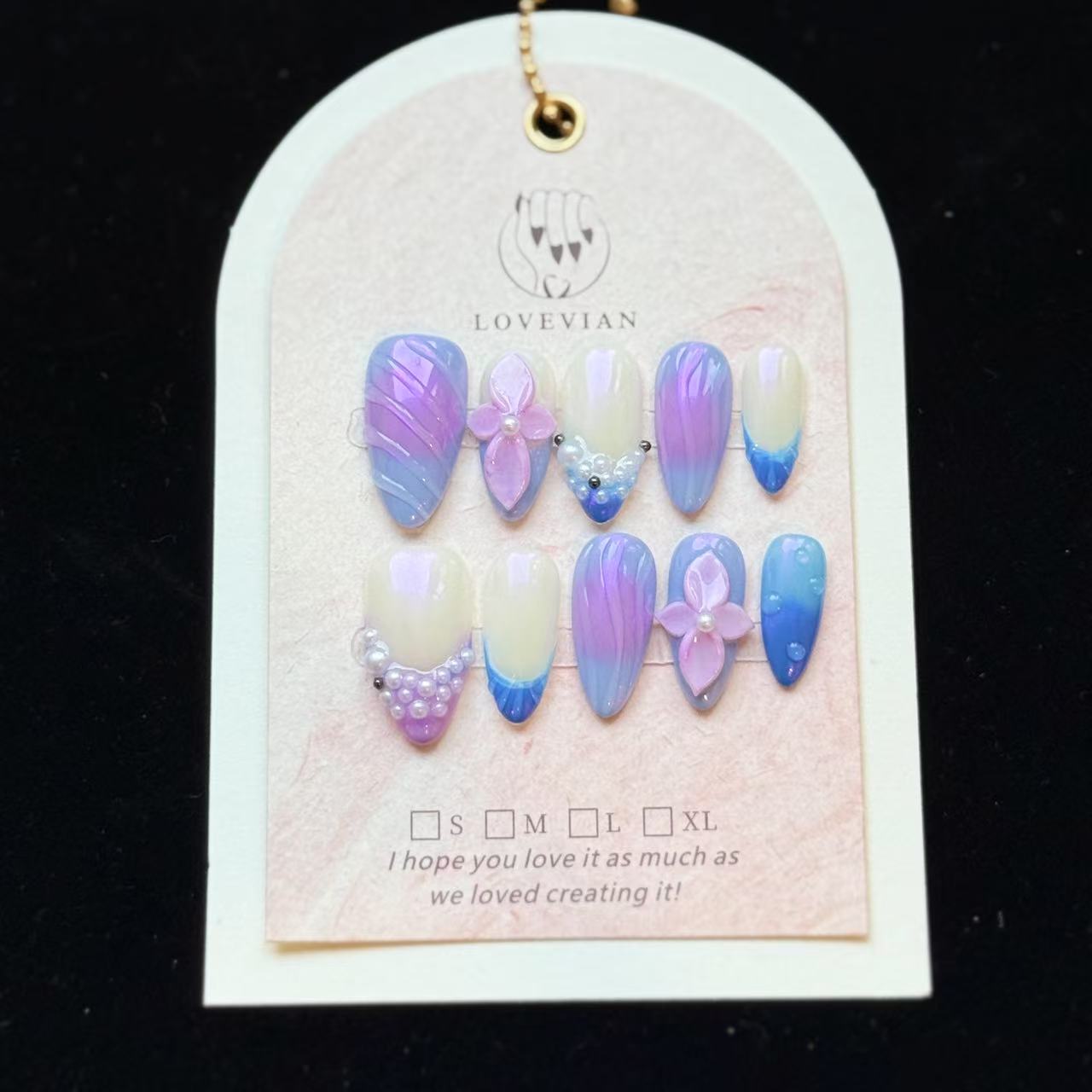 Mermaid Pearl – Luxury Blue & Purple Ombre Press-On Nails with 3D Flowers and Pearls