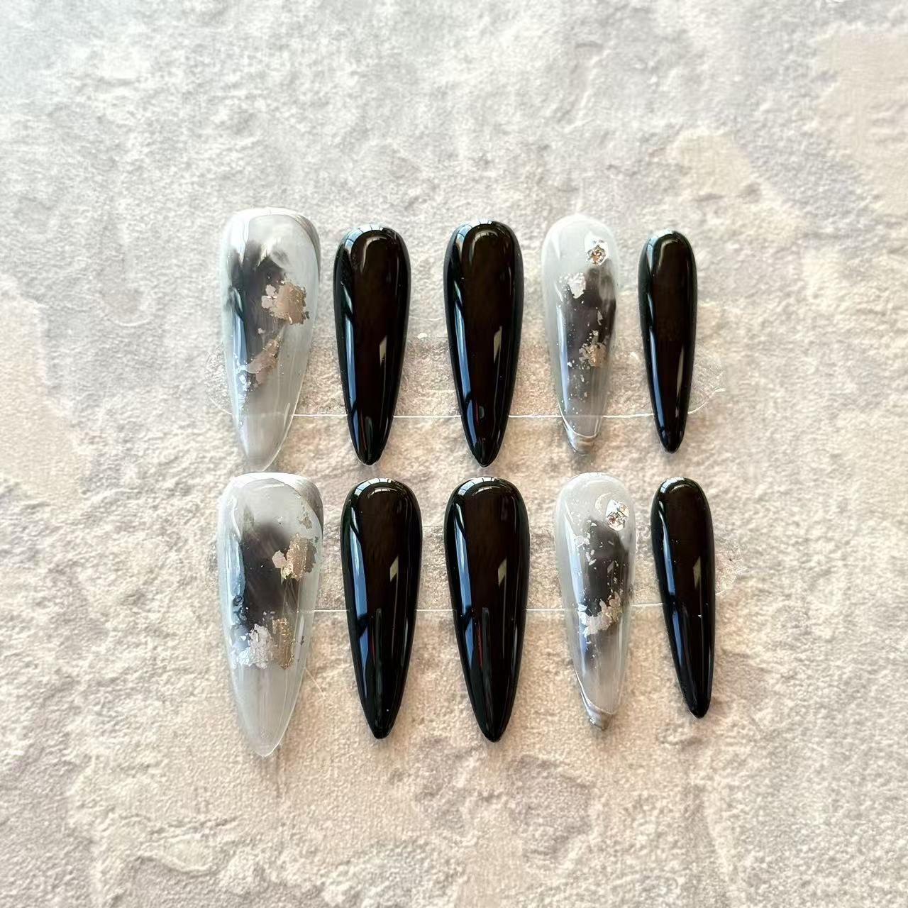 Noir Fumé – Black Smoke Luxury Press-On Nails with Metallic Foil – Stiletto Shape