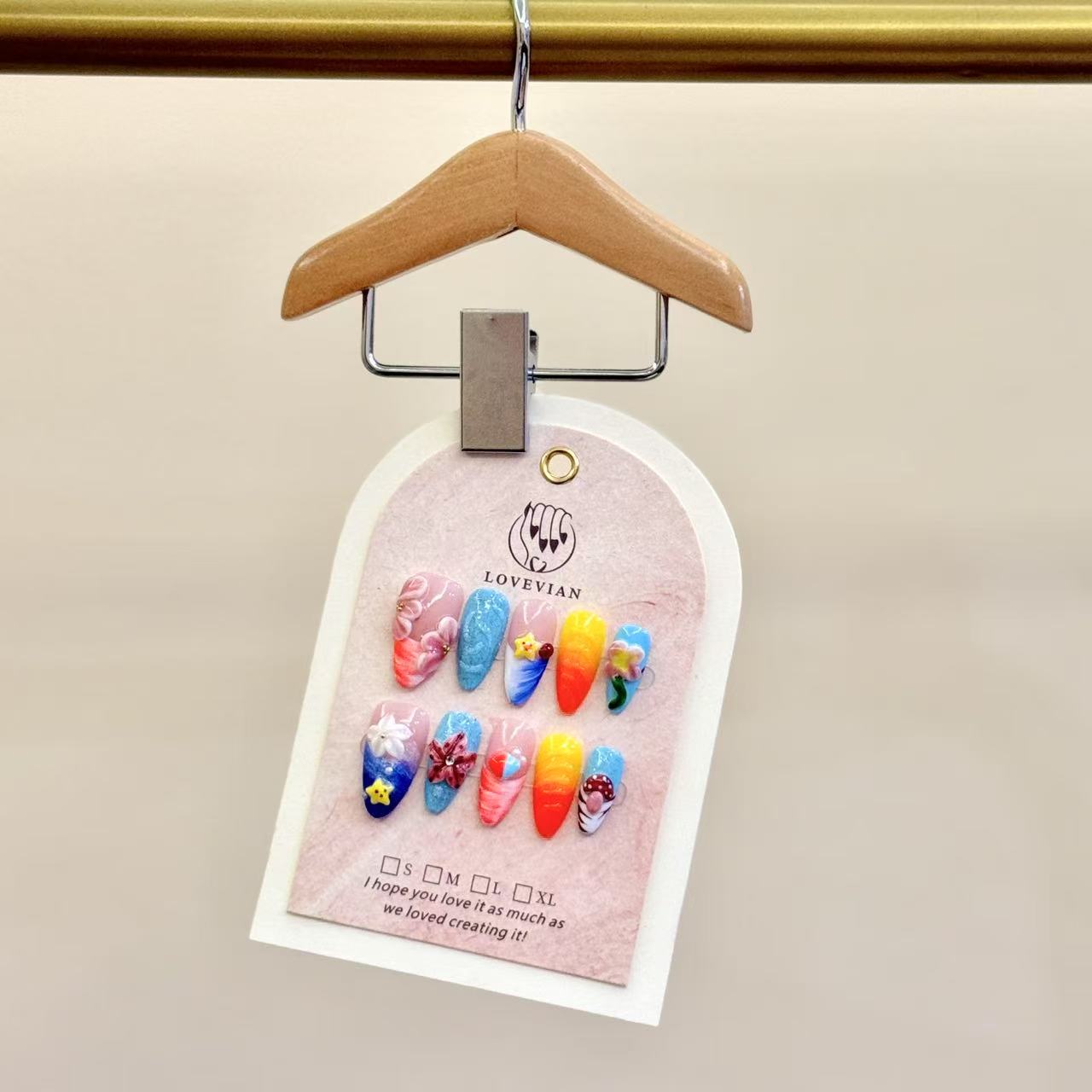 Summer Fantasy – Colorful Long Almond Press-On Nails with 3D Flowers, Seashells & Cute Charms