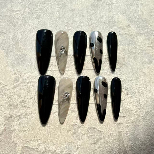 Midnight Marble – Stiletto Press-On Nails with Black Shine, Silver Accents & Marble Detail