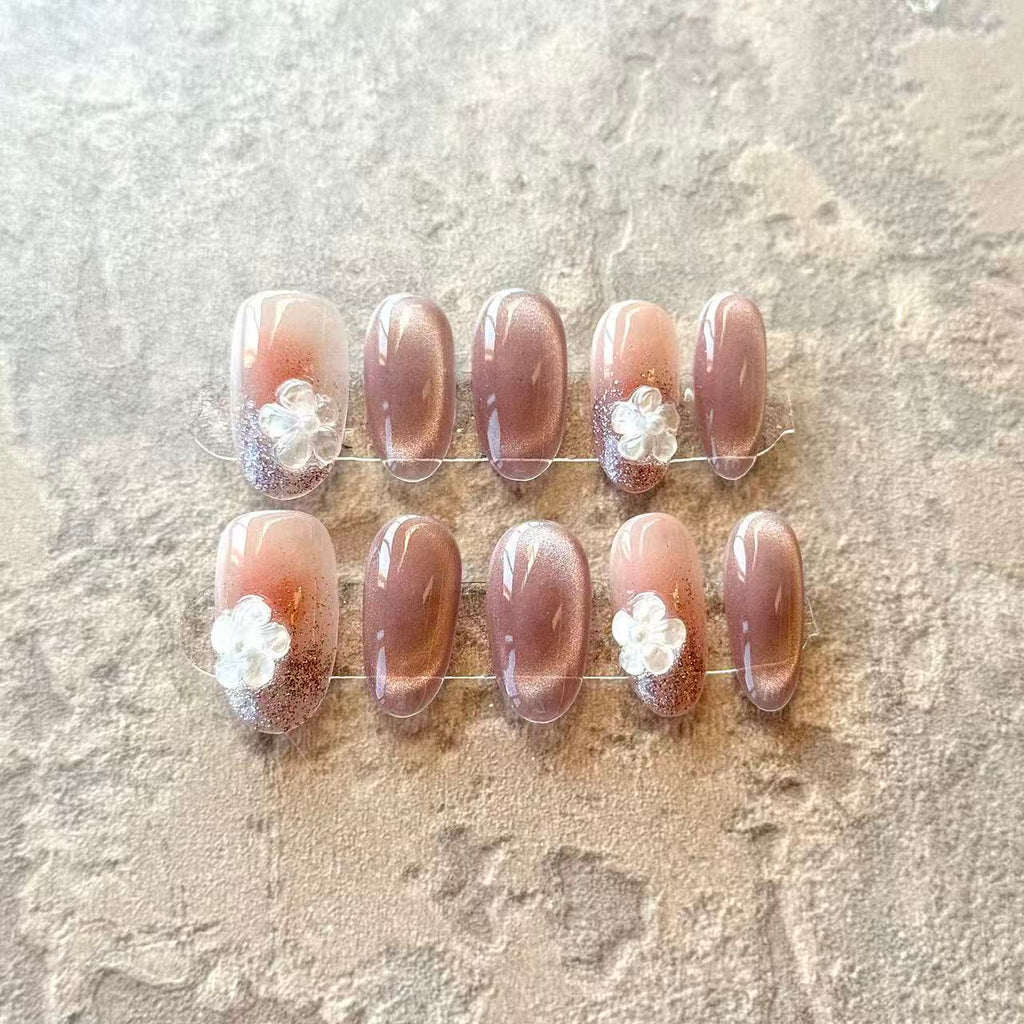 Fleur Rosée – Blush Ombre Luxury Press-On Nails with 3D Floral Charm