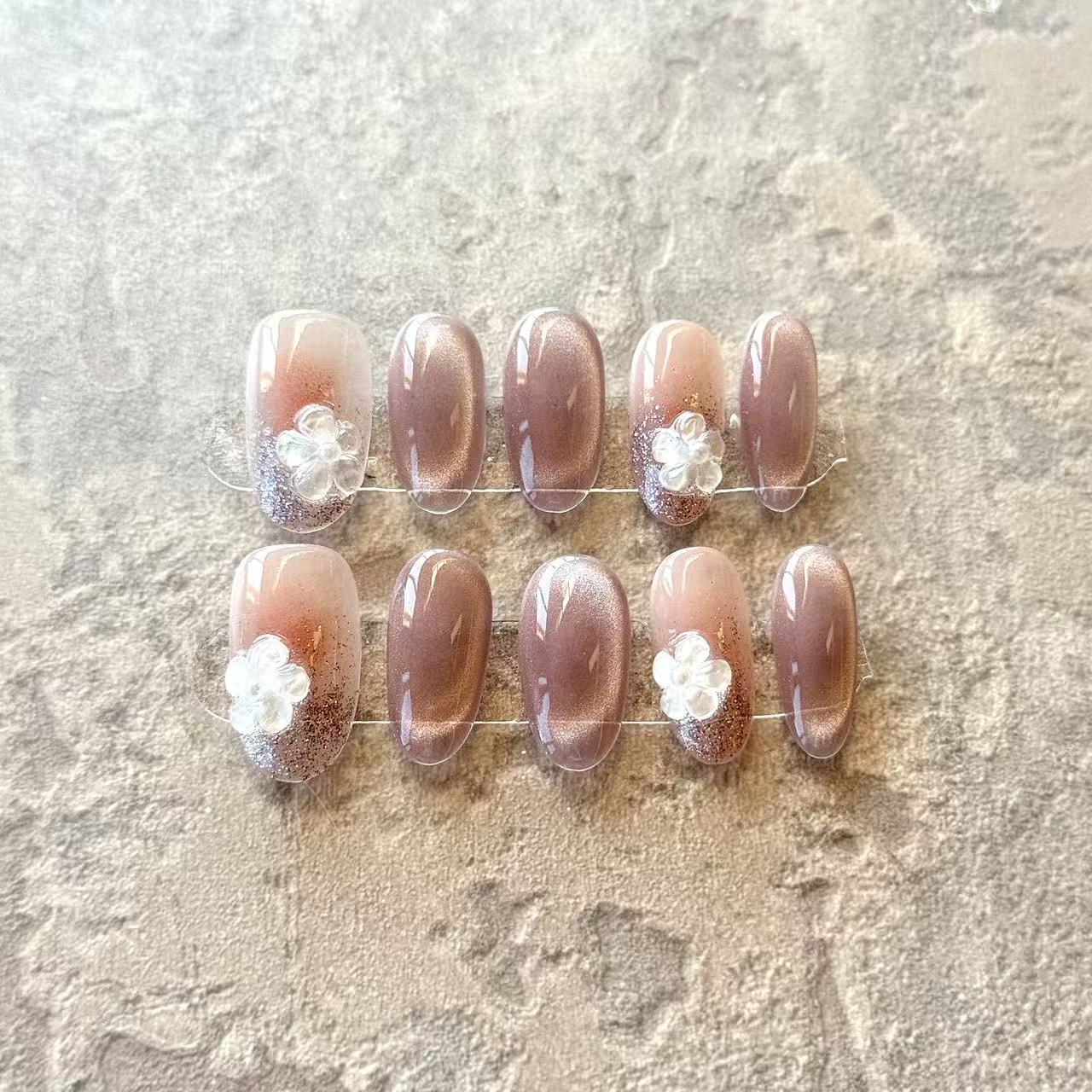 Fleur Rosée – Blush Ombre Luxury Press-On Nails with 3D Floral Charm