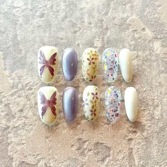Papillon Rêve – Butterfly & Floral Press-On Nails with Glitter Accents