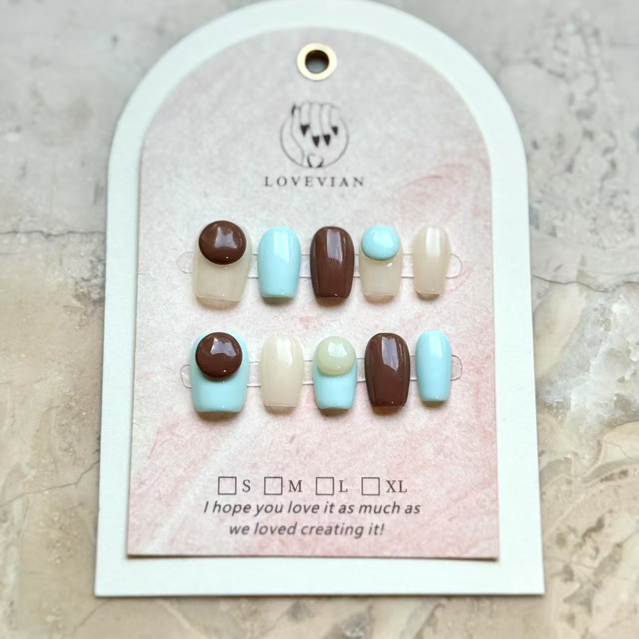 Choco Mint Pop – Minimalist Press-On Nails with 3D Dot Design (Brown, Mint & White)