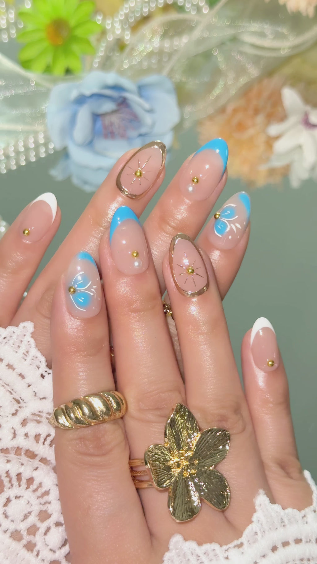 Blue Butterfly Garden Short Almond Press-On Nails – Nude Blue Handmade Nails