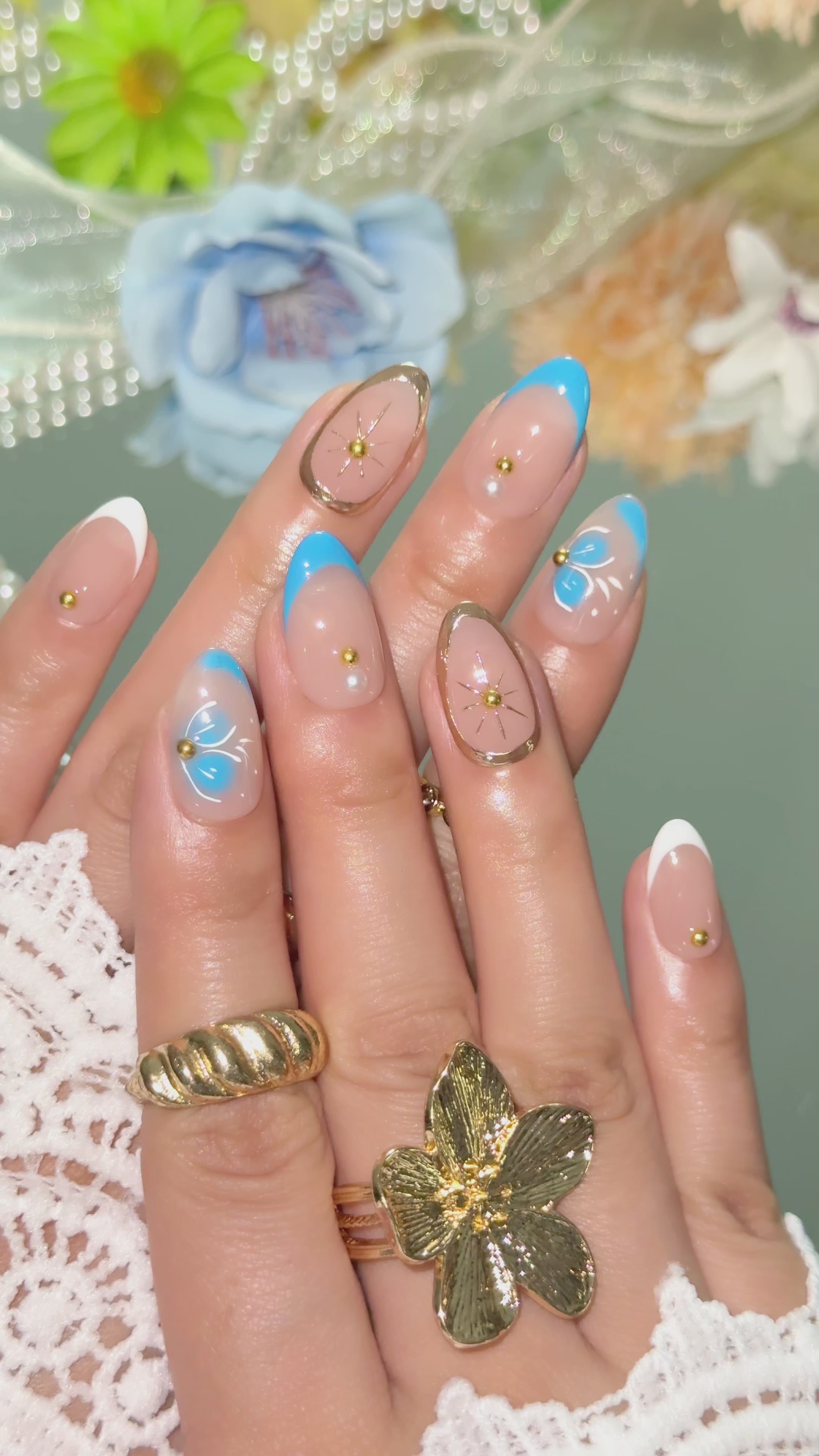 Blue Butterfly Garden Short Almond Press-On Nails – Nude Blue Handmade Nails