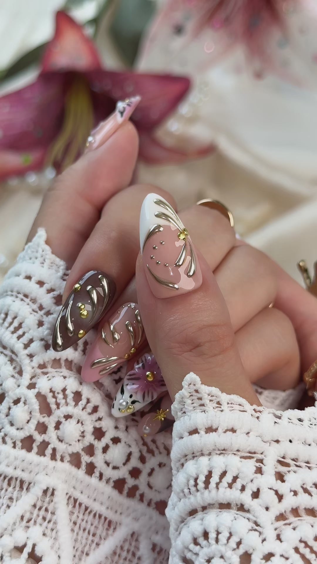 Mocha Blossom | Medium Almond Luxury Press-On Nails