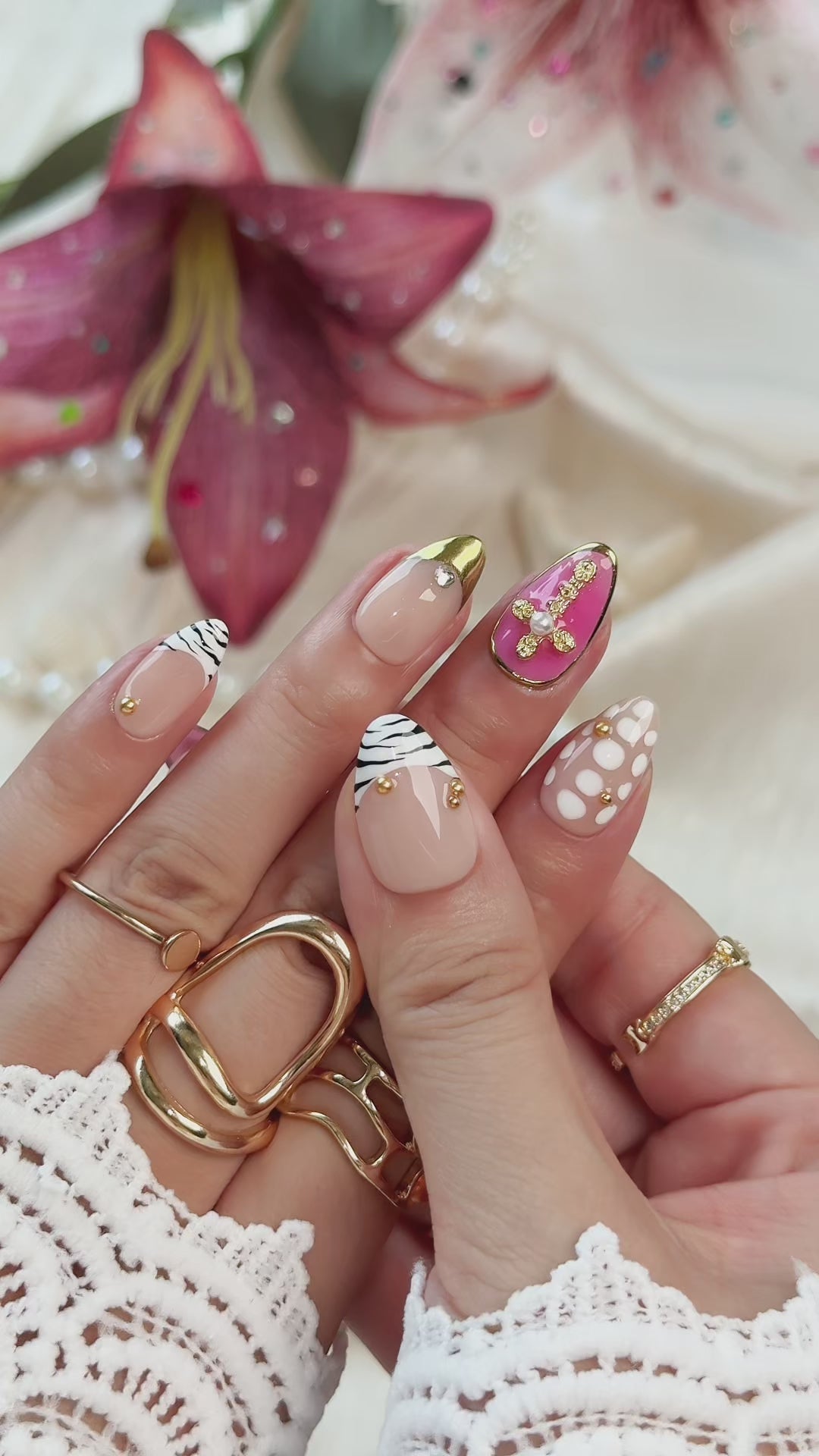 Golden Ribbon | Medium Almond Luxury Press-On Nails