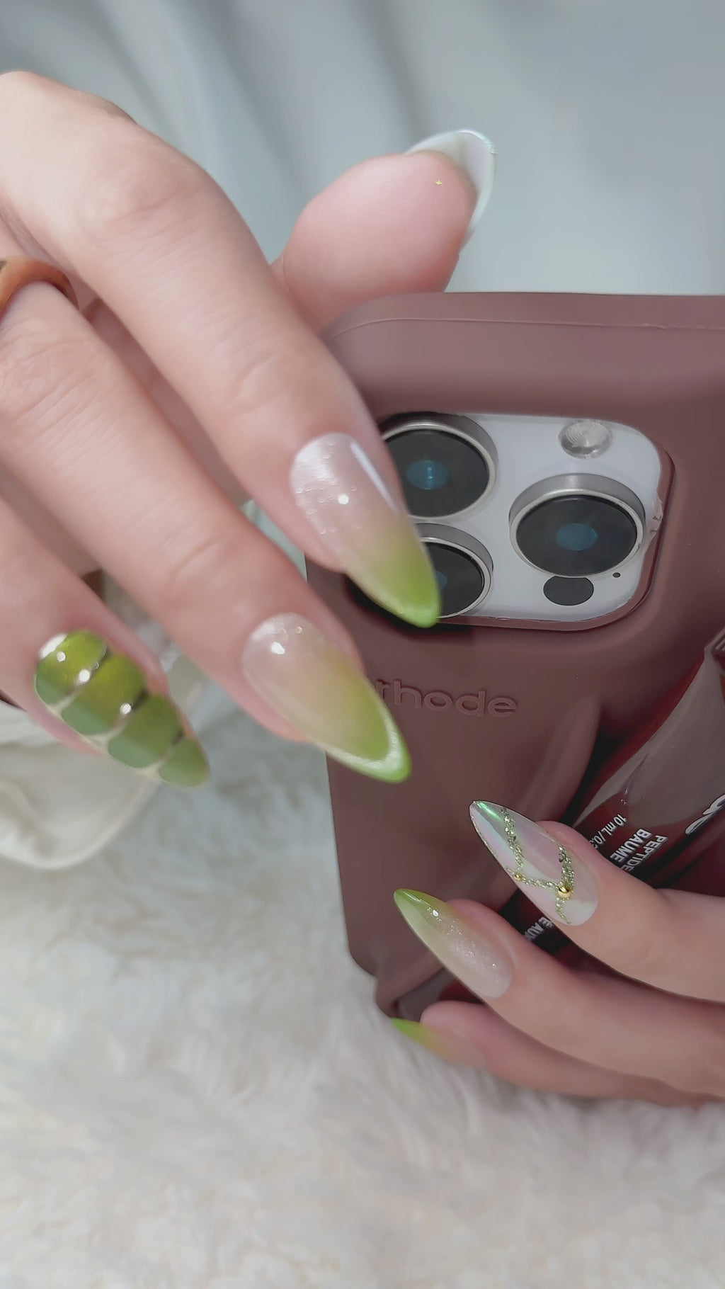 Olive Glaze Medium Almond Press-On Nails – Nude Green French Handmade Nails