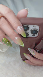 Olive Glaze Medium Almond Press-On Nails – Nude Green French Handmade Nails