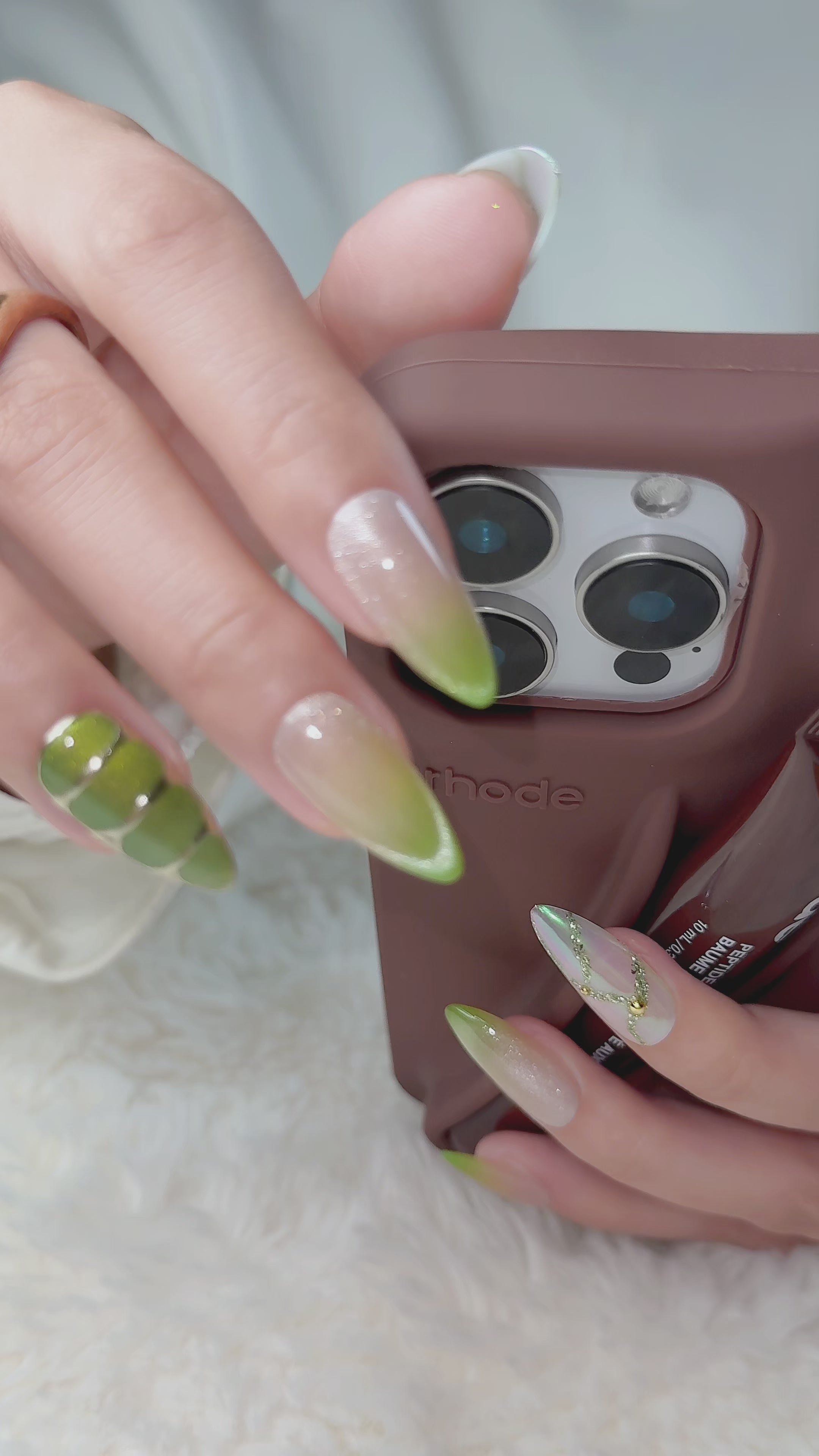Olive Glaze Medium Almond Press-On Nails – Nude Green French Handmade Nails