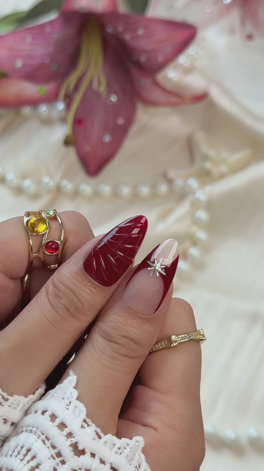 Crimson Blossom | Medium Almond Luxury Press-On Nails