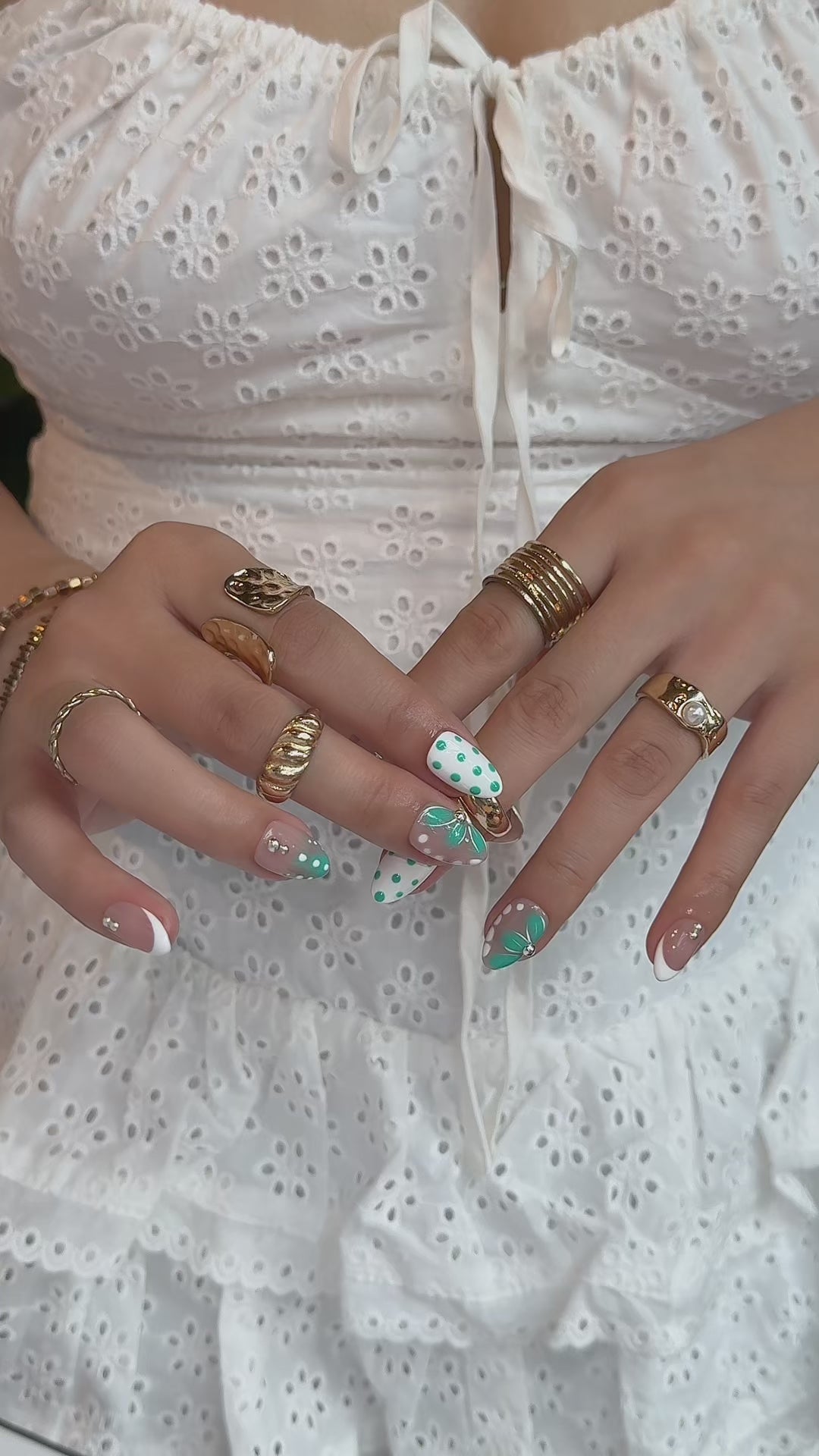 Spring Garden Short Almond Press-On Nails – Nude Mint Floral Handmade Nails