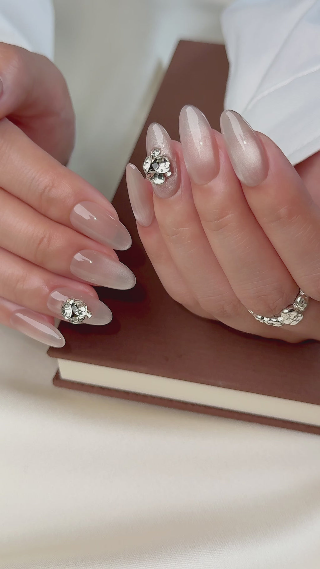Champagne Crystal Medium Almond Press-On Nails – Nude Grey Crystal Handmade Nails