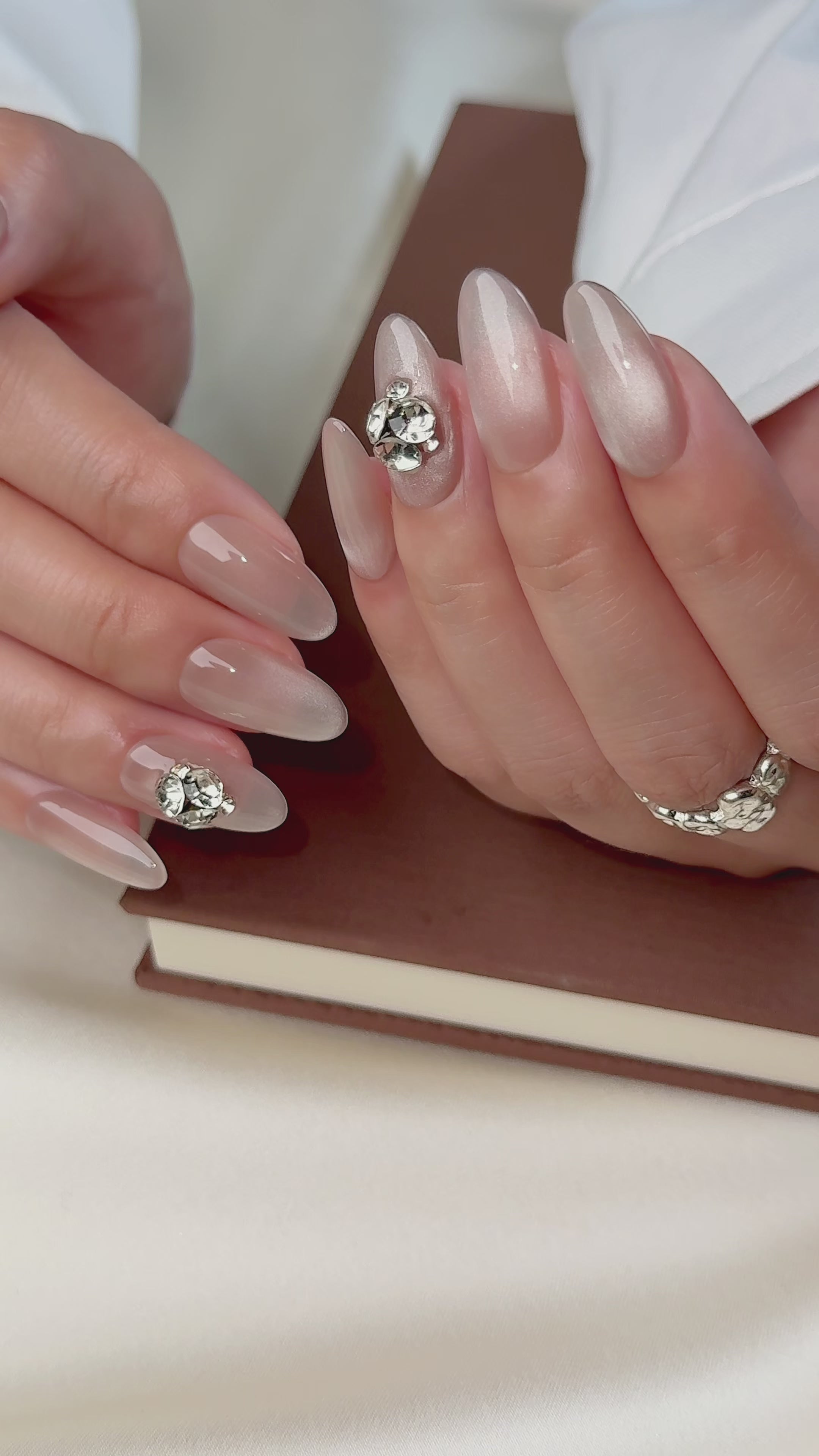 Champagne Crystal Medium Almond Press-On Nails – Nude Grey Crystal Handmade Nails