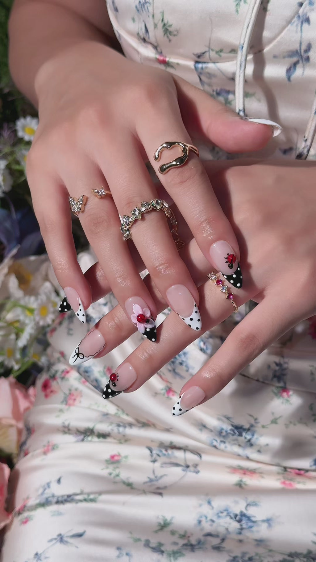 Ladybug Garden | Medium Almond Luxury Press-On Nails