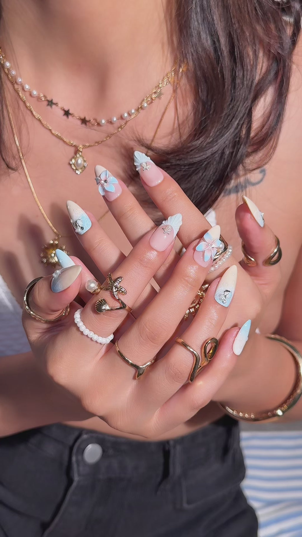 Ocean Blossom | Medium Almond Luxury Press-On Nails
