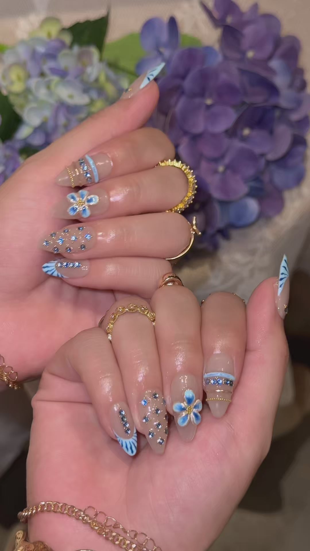 Azure Blossom | Medium Almond Luxury Press-On Nails