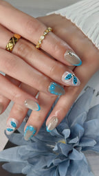 Azure Butterfly Short Almond Silver Blue Press-On Nails