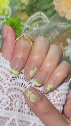 Lemon Blossom Short Square Press-On Nails – Nude Green Floral Handmade Nails (Copy)