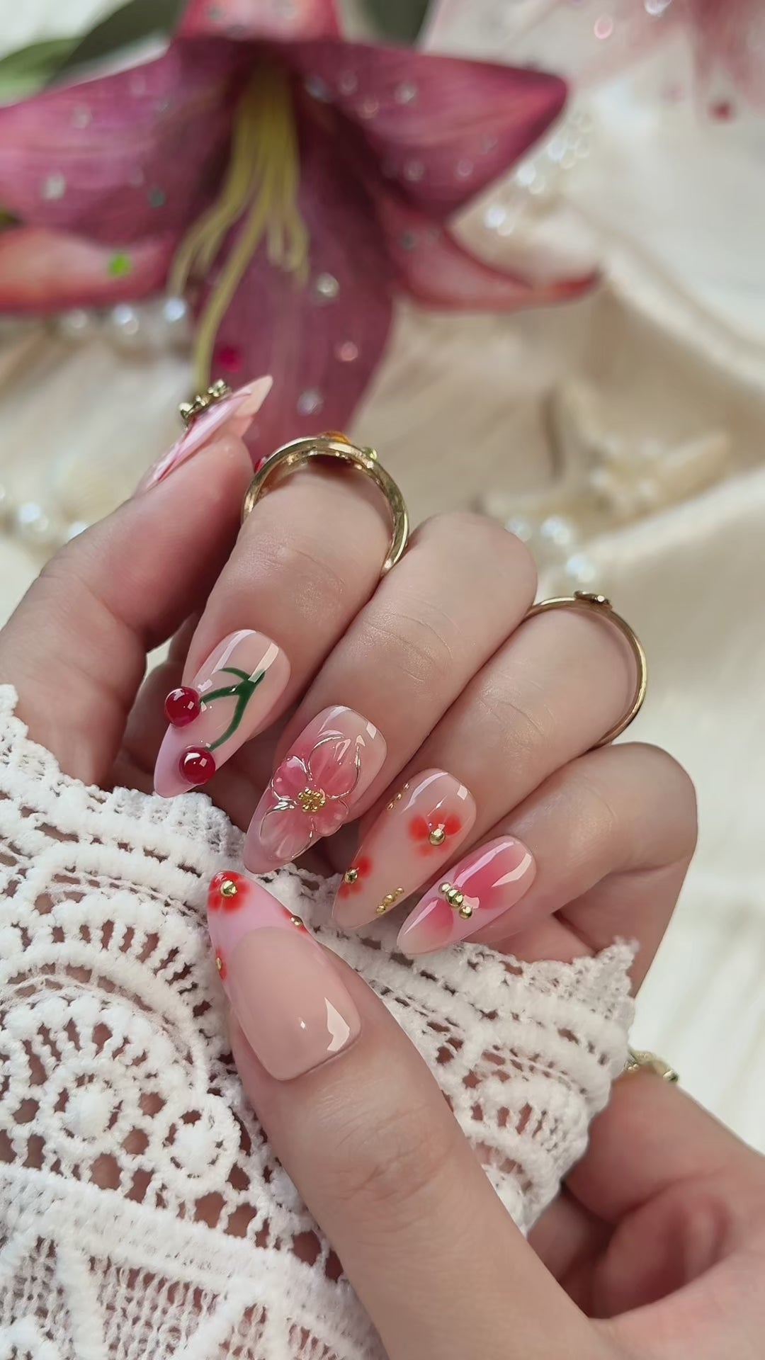 Cherry Amour | Medium Almond Luxury Press-On Nails